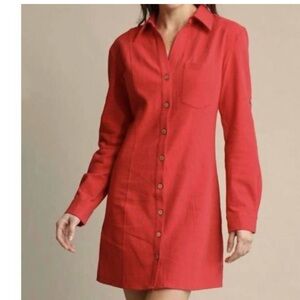 Gigio Dress Elegant Red Long Sleeve Dress Button Up Rool Tab Sleeves